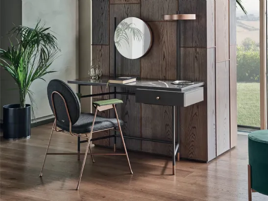 Scrittoio Vanity con top in marmo, cassetto in legno laccato e struttura in acciaio di Bontempi