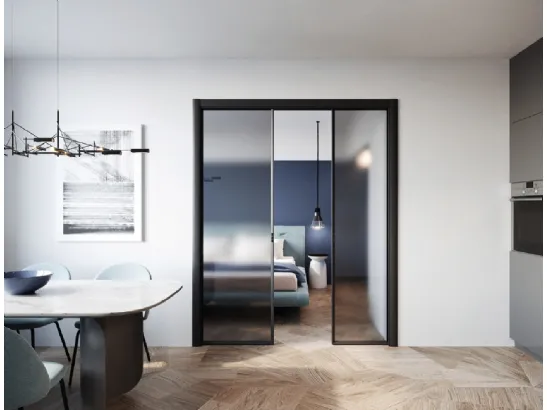 Porta scorrevole per interni con vetro satinato e telaio in alluminio Nero Atlantic Pocket Door di In Forma