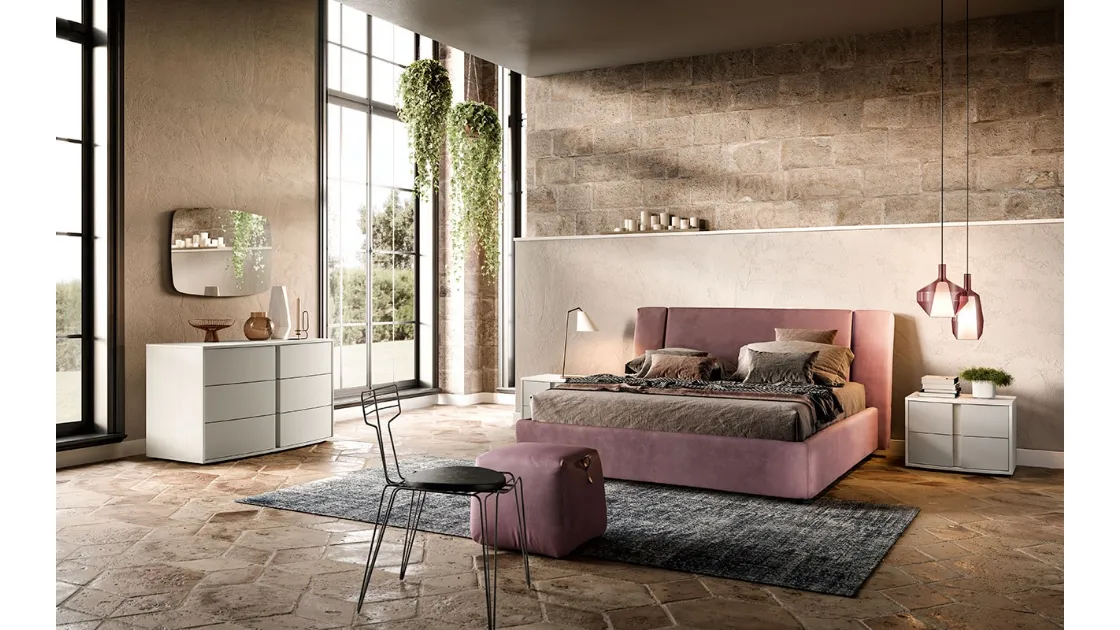 Letto matrimoniale in tessuto imbottito con testiera D01 Vega e Omega di Mercantini