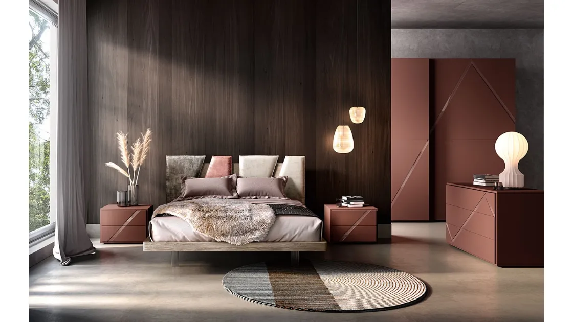 Letto in legno con testiera con elementi in pelle imbottita L01 Altair Pad e Alfa di Mercantini