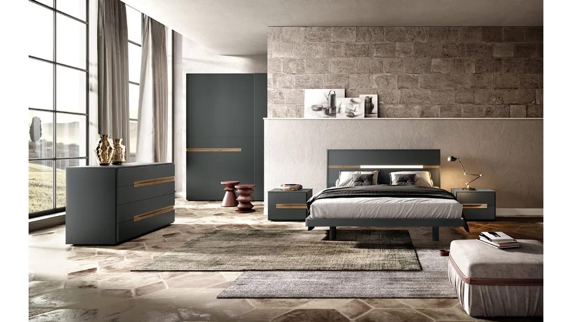 Letto con testiera S01 Run e Alfa in laccato opaco con inserto in legno di Mercantini