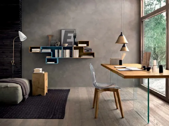 Libreria sospesa Box C57B in laccato opaco e legno di FGF Mobili