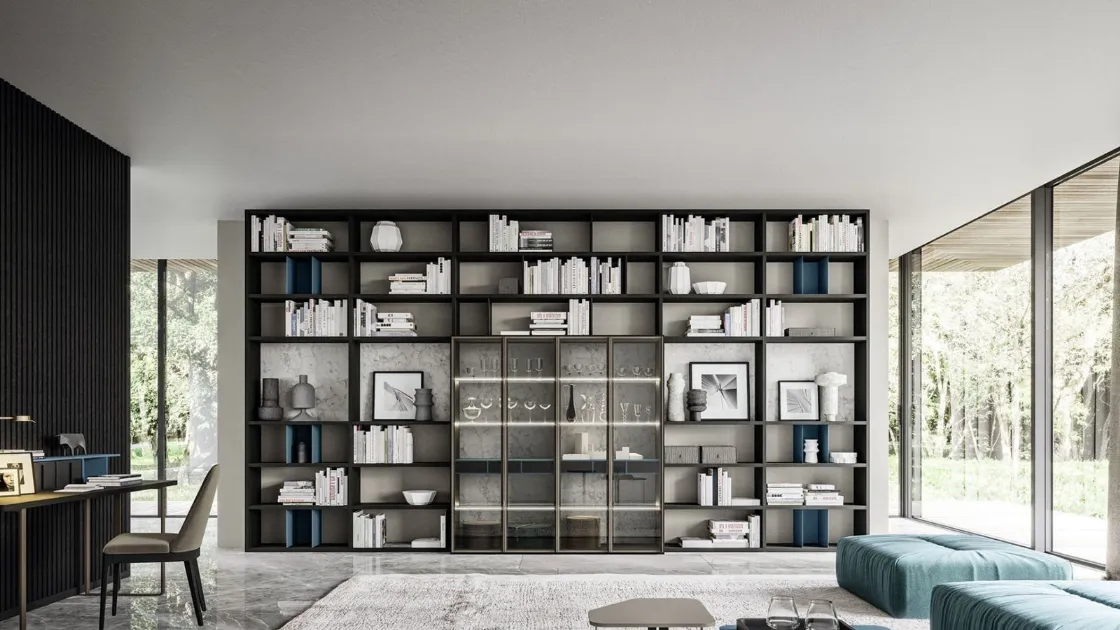 Libreria effetto frassino carbone laccato opaco indaco laminato effetto marmo Day 25 Logico di Orme