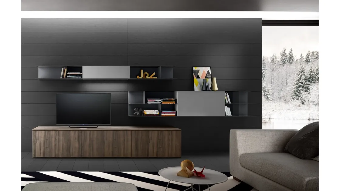 Parete Attrezzata Living 06 in laminato effetto legno e laccato Grigio opaco di Arredo3