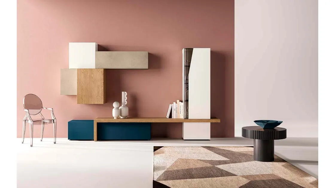 Parete Attrezzata Kosmos KC104 in laccato opaco e legno di Mercantini