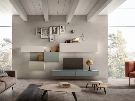 Parete Attrezzata in legno laccato opaco nebbia, verde oliva, verde muschio e carta da zucchero Living 02 di Arredo3