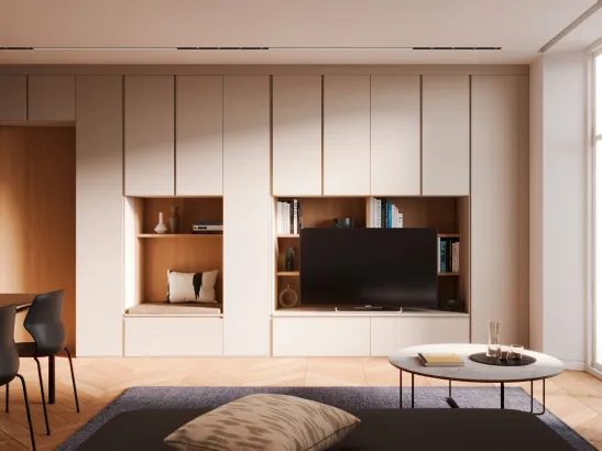 Parete Attrezzata Living Bianco e Rovere Modul Box di Nardi Interni