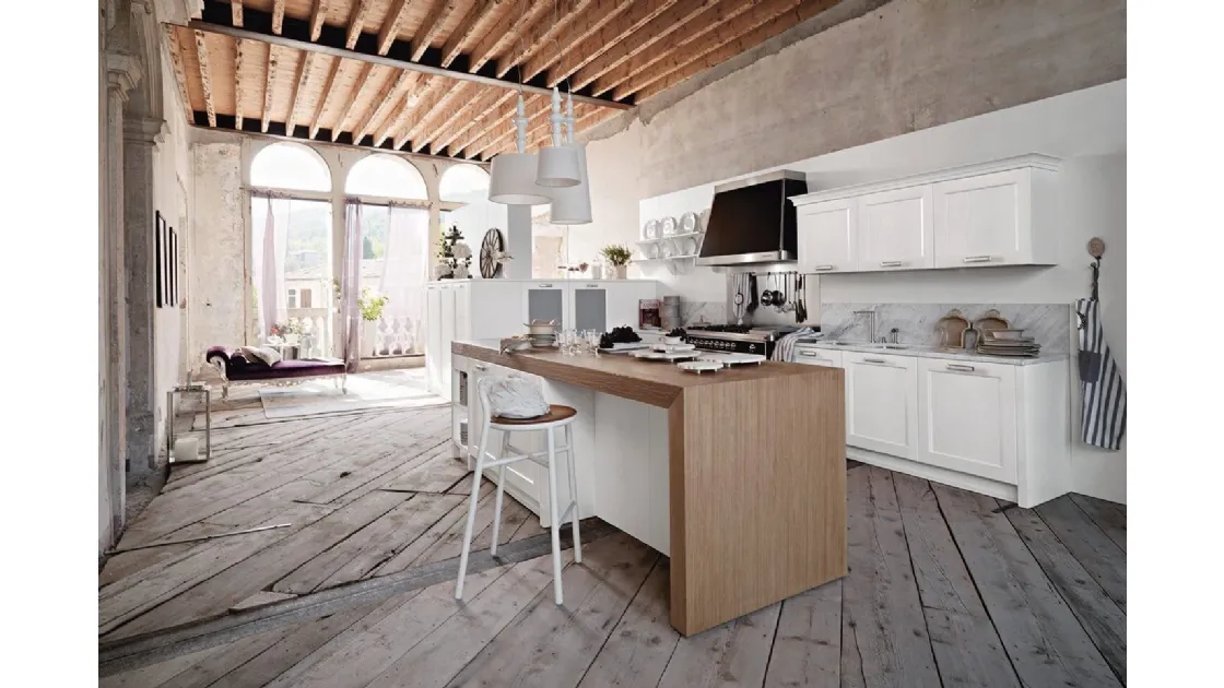 Cucina Classica lineare in legno laccato bianco con top in marmo Asolo 01 di Dibiesse
