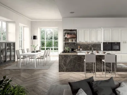Cucina Classica angolare con penisola in legno di Frassino laccato Bianco a poro aperto e laminato effetto marmo Emma di Arredo3