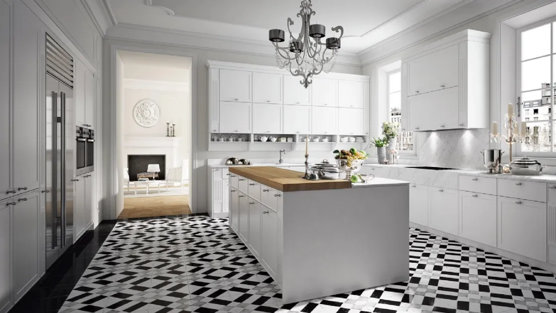 Cucina Classica angolare con isola in laccato opaco e marmo di Carrara Masa di Miton