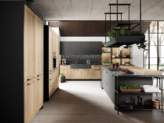 Cucina Classica con isola in laminato finitura legno rovere antico e laccato grigio opaco Medea di Miton