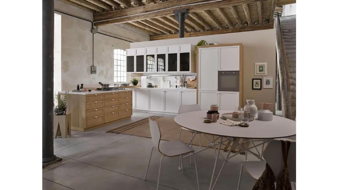 Cucina Classica con isola Mia 01 in legno naturale e laccato Bianco di Dibiesse