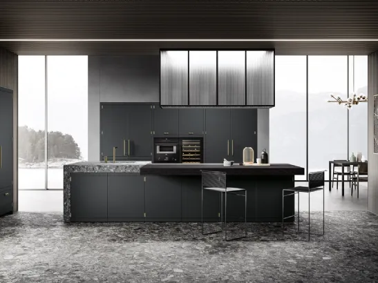 Cucina Design lineare in laccato opaco grigio e finiture in ottone Anuba di Miton