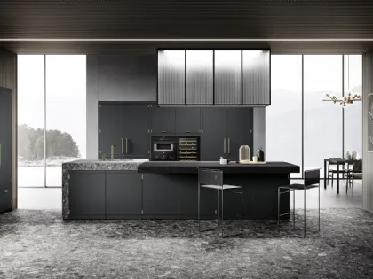 Cucina Design lineare in laccato opaco grigio e finiture in ottone Anuba di Miton