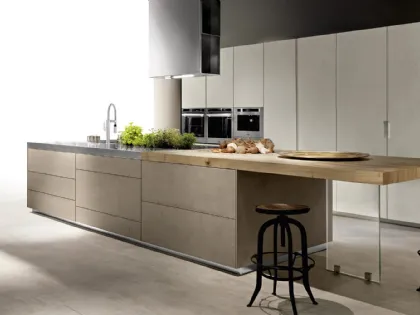 Cucina Design lineare in laminato finitura cemento, legno e acciaio Limha Cemento di Miton