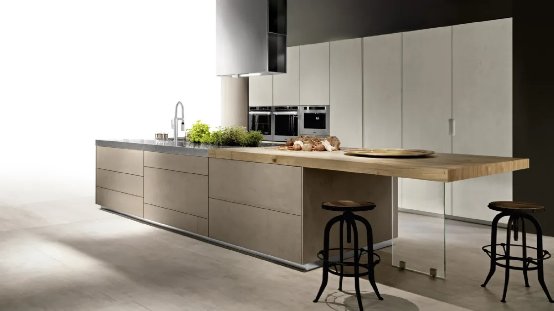 Cucina Design lineare in laminato finitura cemento, legno e acciaio Limha Cemento di Miton