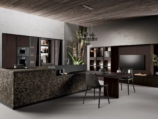 Cucina Design in laminato pietra e bilaminato rovere mogano con penisola Menta 01 di Miton