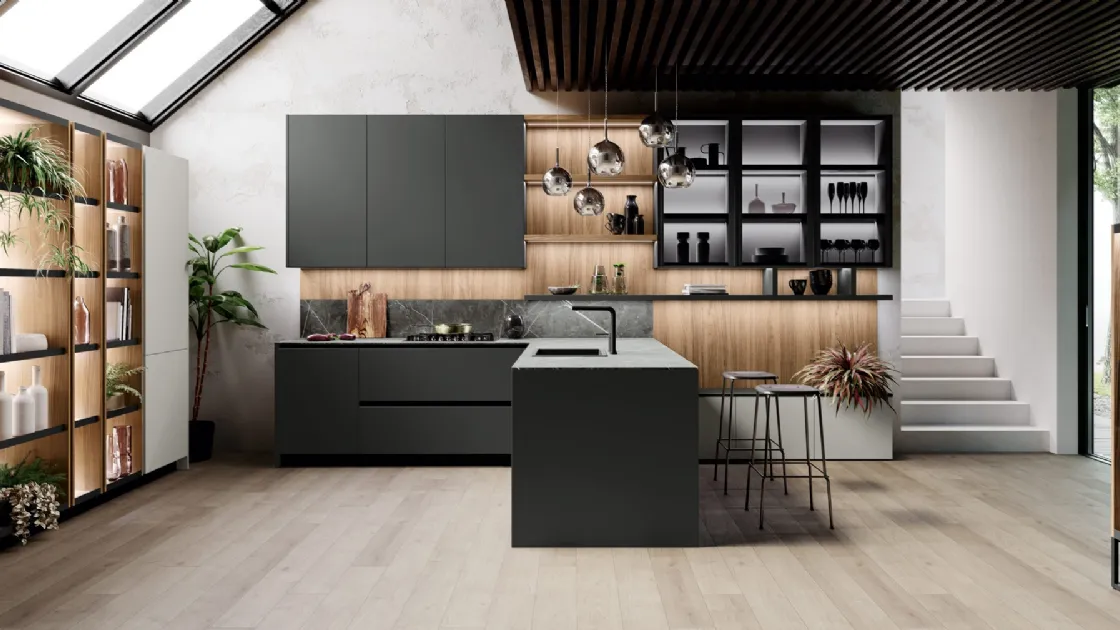 Cucina Design angolare in laccato opaco grigio e top in gres Menta 03 di Miton