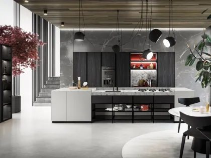 Cucina Design lineare Menta in laminato Fenix finitura Grigio Efeso con top in Quarzo opaco di Miton