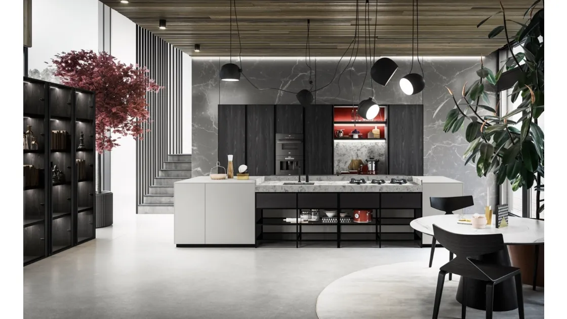 Cucina Design lineare Menta in laminato Fenix finitura Grigio Efeso con top in Quarzo opaco di Miton