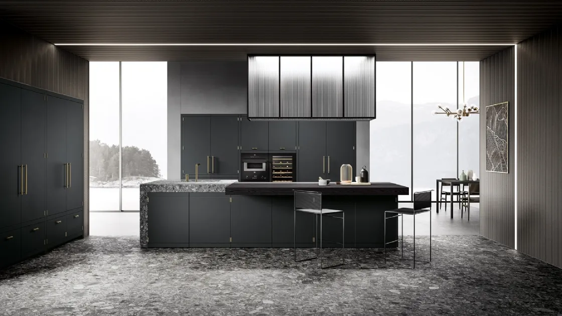 Cucina Design con isola Anuba in laccato opaco grigio di Miton