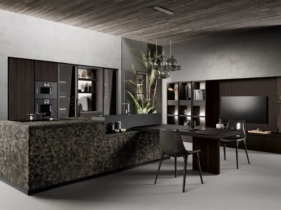 Cucina Design in laminato pietra e bilaminato rovere mogano con penisola Menta 01 di Miton