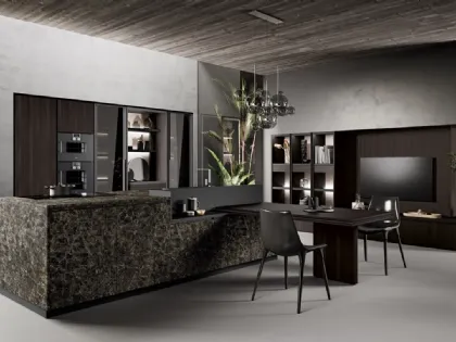 Cucina Design in laminato pietra e bilaminato rovere mogano con penisola Menta 01 di Miton