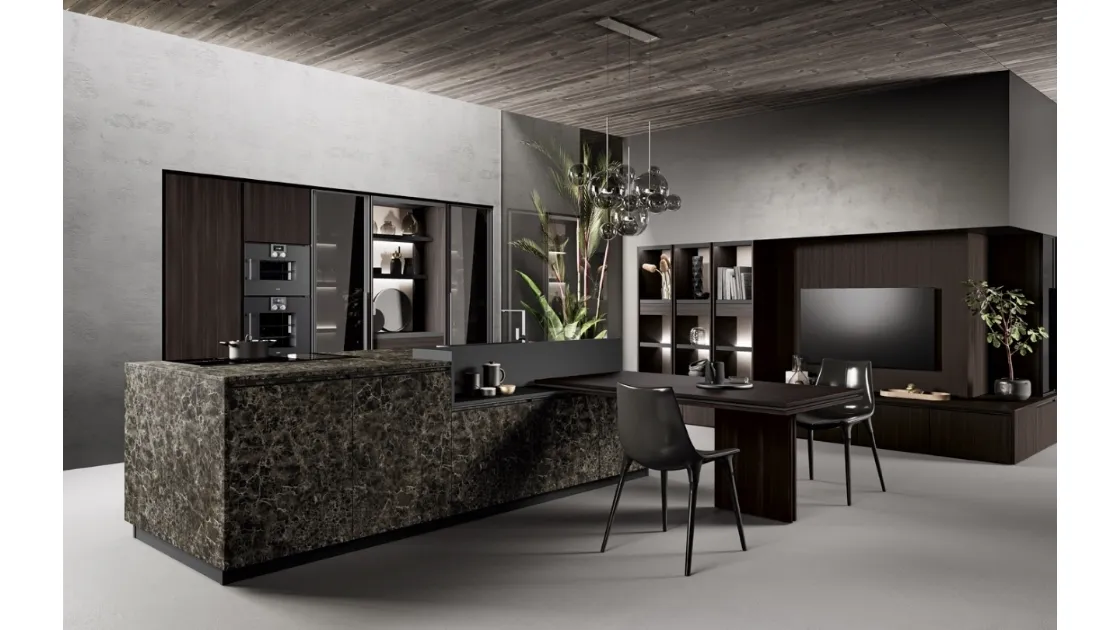 Cucina Design in laminato pietra e bilaminato rovere mogano con penisola Menta 01 di Miton