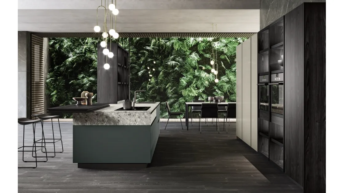 Cucina Design lineare in laccato opaco e laminato pietra Menta 02 di Miton