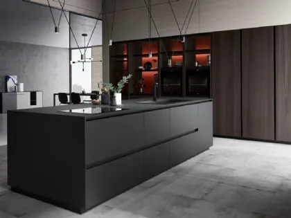 Cucina Design lineare in laminato Fenix finitura nero ingo Menta 04 di Miton