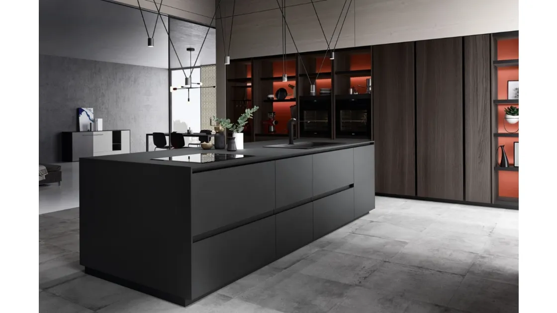 Cucina Design lineare in laminato Fenix finitura nero ingo Menta 04 di Miton