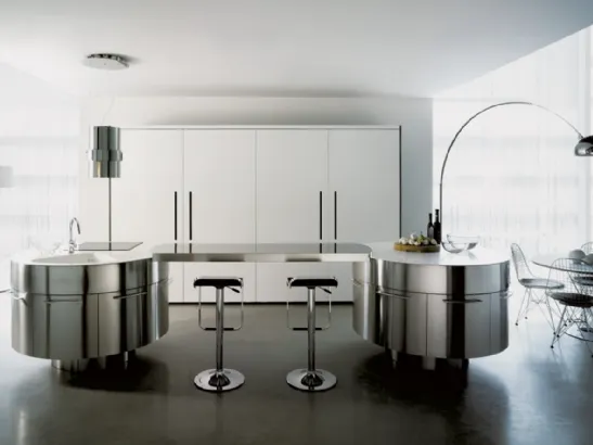 Cucina Design con isola con elementi girevoli in acciaio Rondò di Miton