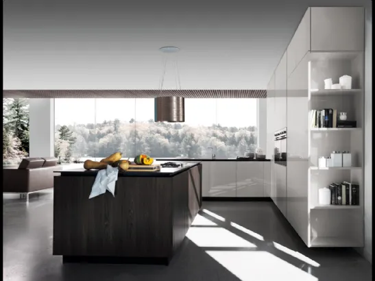 Cucina Design in laccato lucido con isola in legno e top in acciaio Sincro Glossy di Miton