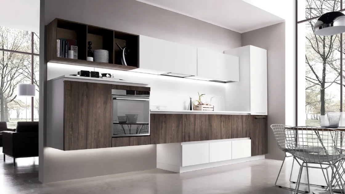 Cucina Design lineare in legno e laccato opaco bianco Sincro Wood di Miton