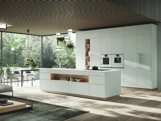 Cucina Design con isola e penisola in laminato pietra e bilaminato rovere mogano Ménta 01 di Miton