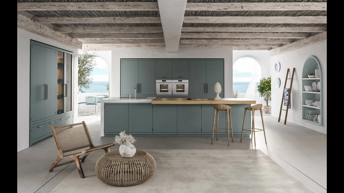 Cucina Moderna con isola Anuba in laccato Paxos Grey di Miton