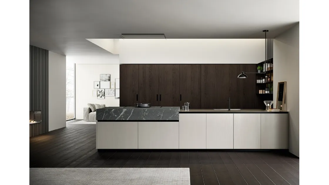 Cucina Moderna lineare Asia in laccato poro aperto Nebbia con colonne in Rovere ebano impiallacciato e top in HPL finitura Pietra Piasentina di Arredo3