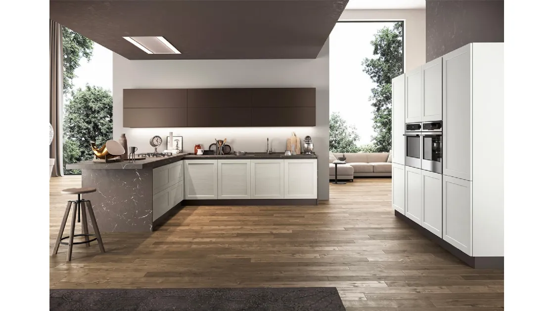 Cucina angolare Moderna Frame con basi in Frassino e top in laminato effetto Marmo di Arredo3