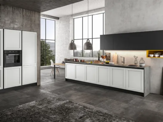 Cucina Moderna lineare in Pet opaco Bianco, pensili in laccato Nero e top in laminato Grigio Frame di Arredo3