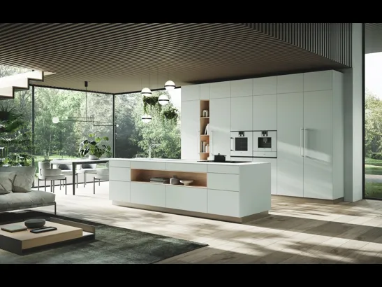 Cucina Moderna con isola Ménta in laminato PET opaco Bianco Nordico di Miton
