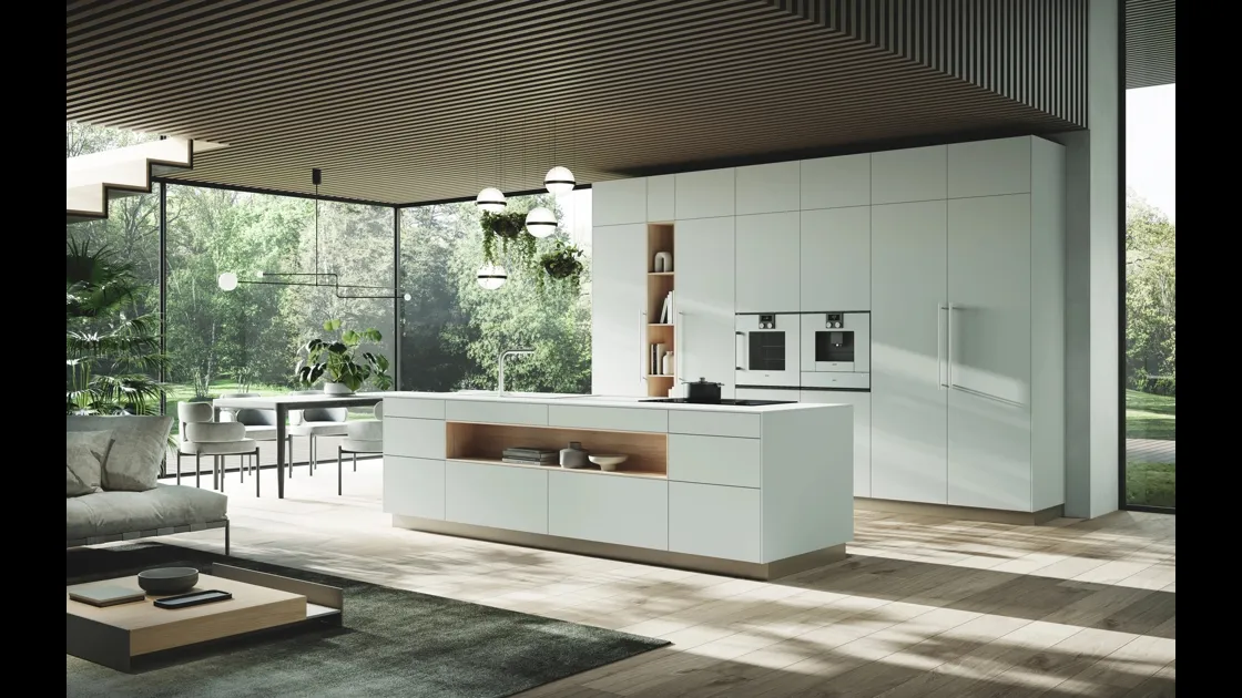 Cucina Moderna con isola Ménta in laminato PET opaco Bianco Nordico di Miton