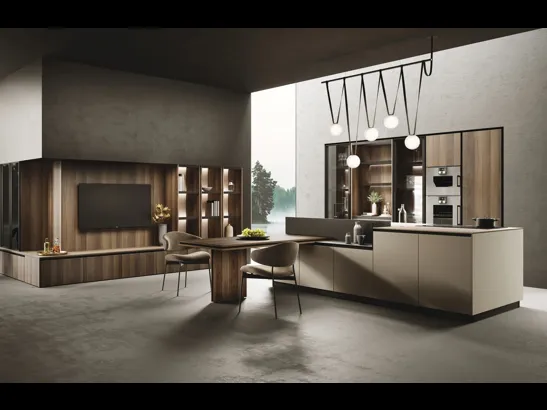 Cucina Moderna con isola Ménta in laminato PET opaco Creta di Miton