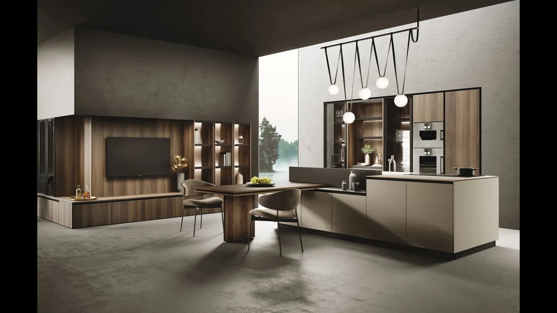 Cucina Moderna con isola Ménta in laminato PET opaco Creta di Miton
