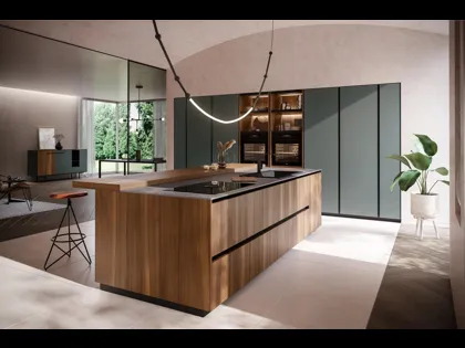 Cucina Moderna con isola Ménta in bilaminato Legno Noce Cordesco di Miton