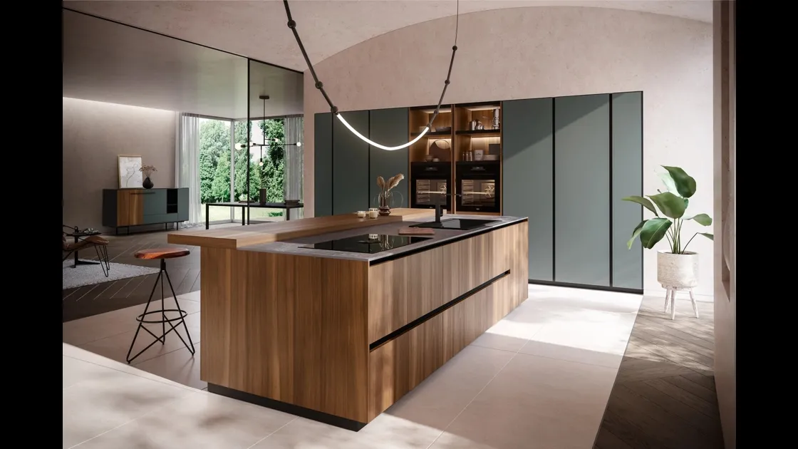 Cucina Moderna con isola Ménta in bilaminato Legno Noce Cordesco di Miton
