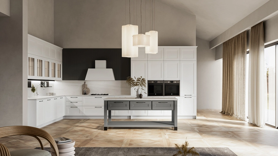 Cucina Moderna angolare Meg 03 in polimerico bianco e laccato fossile di Arredo3