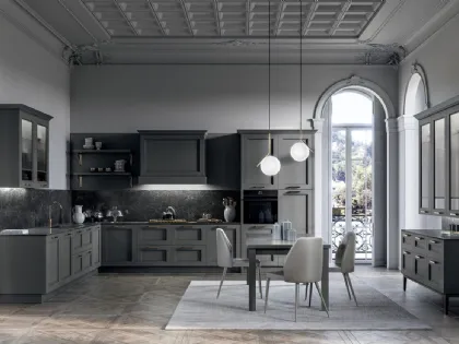 Cucina Moderna angolare in laccato opaco Grigio e top in laminam Nero Greco Meg di Arredo3