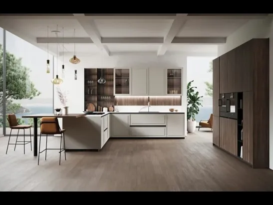 Cucina Moderna con penisola Tes in laccato Grigio Box e bilaminato legno di Miton