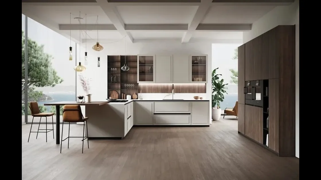 Cucina Moderna con penisola Tes in laccato Grigio Box e bilaminato legno di Miton