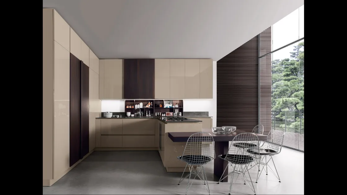 Cucina su misura angolare Limha Glossy in laccato lucido e rovere con top in acciaio di Miton